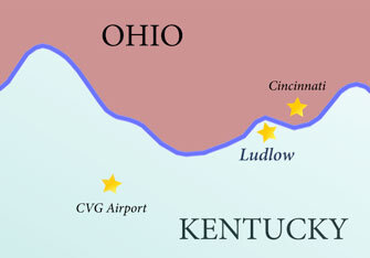Simplified map showing Ludlow, Kentucky along the Ohio River, with Ohio labeled above the river, Cincinnati nearby, and CVG Airport marked to the southwest.
