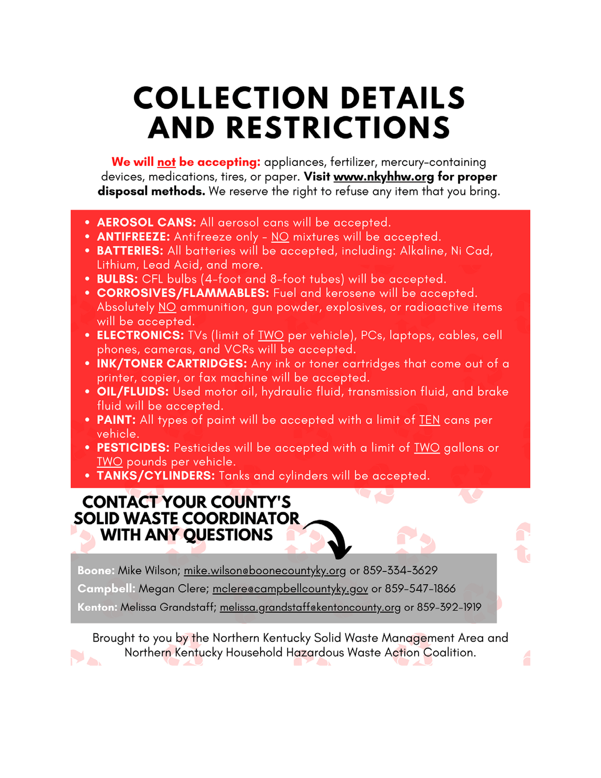Collection details and restrictions for Northern Kentucky, listing accepted items like aerosol cans and batteries, with contact info.