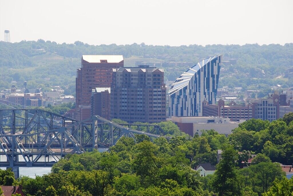 City skyline with modern buildings and a river bridge visible above treetops on a clear day.